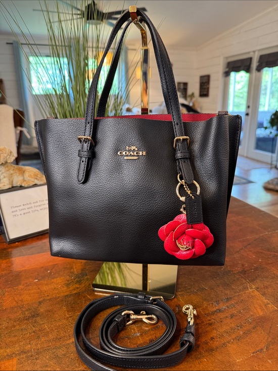 Coach Handbags - Coach Mollie Black Pebbled Leather Tote with Red Flower Charm